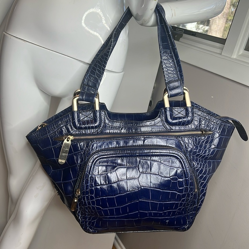 Maxx Navy Blue Croc Embossed Leather Tote Shoulder Bag Multiple Compartments